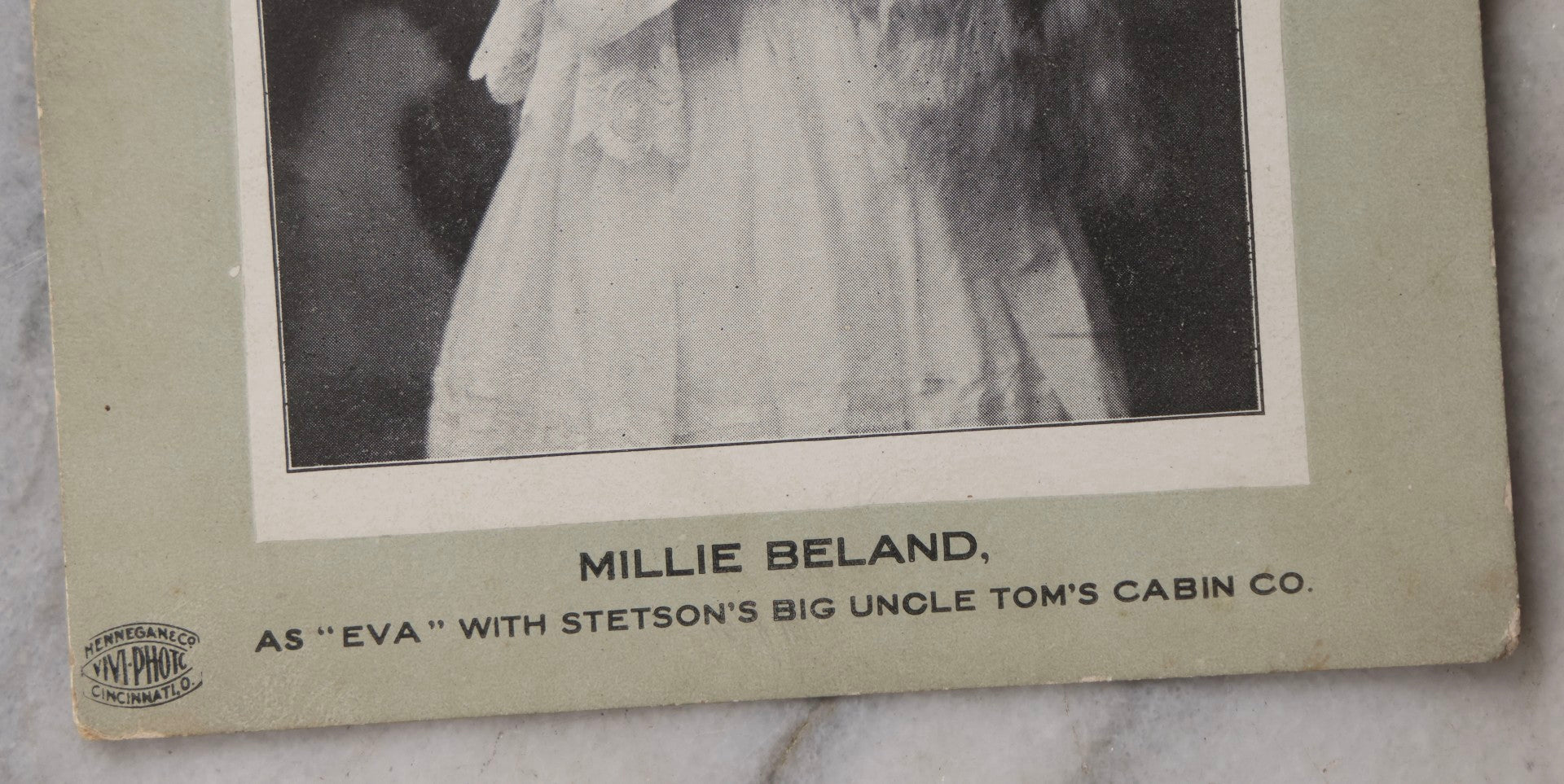 Lot 082 - Antique Photographic Promo Card Of Millie Beland As "Eva" With Stetson's Big Uncle Tom's Cabin Co., Produced By Hennegane Co. Vivi-Photo, Cincinnati