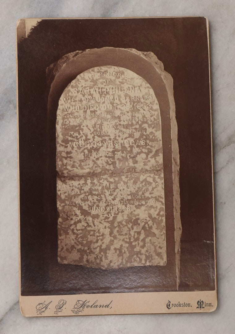 Lot 084 - Antique Cabinet Card Photograph Of The Original Tombstone Of Sarah Philena Barnard, Sioux Missionary, Walhalla, North Dakota, Photographed By A.P. Doland, Crookston, Minnesota, Dated 1888