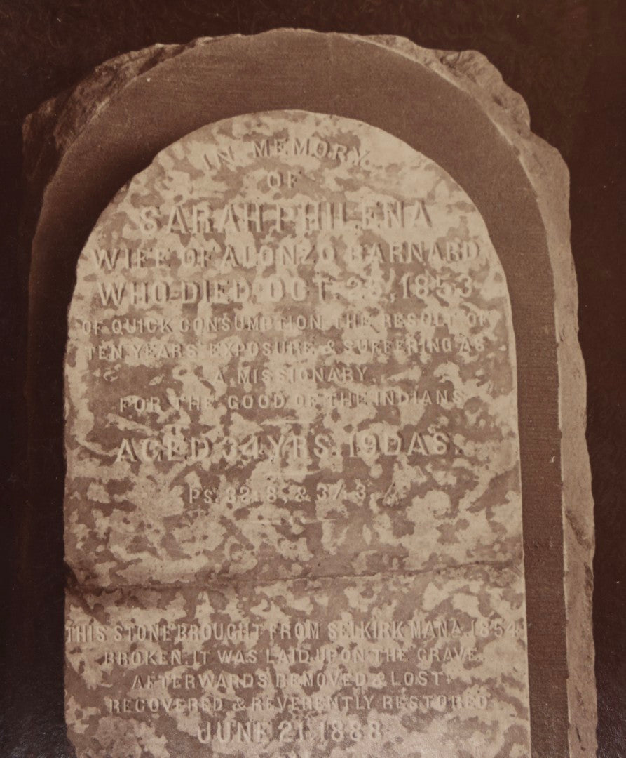 Lot 084 - Antique Cabinet Card Photograph Of The Original Tombstone Of Sarah Philena Barnard, Sioux Missionary, Walhalla, North Dakota, Photographed By A.P. Doland, Crookston, Minnesota, Dated 1888