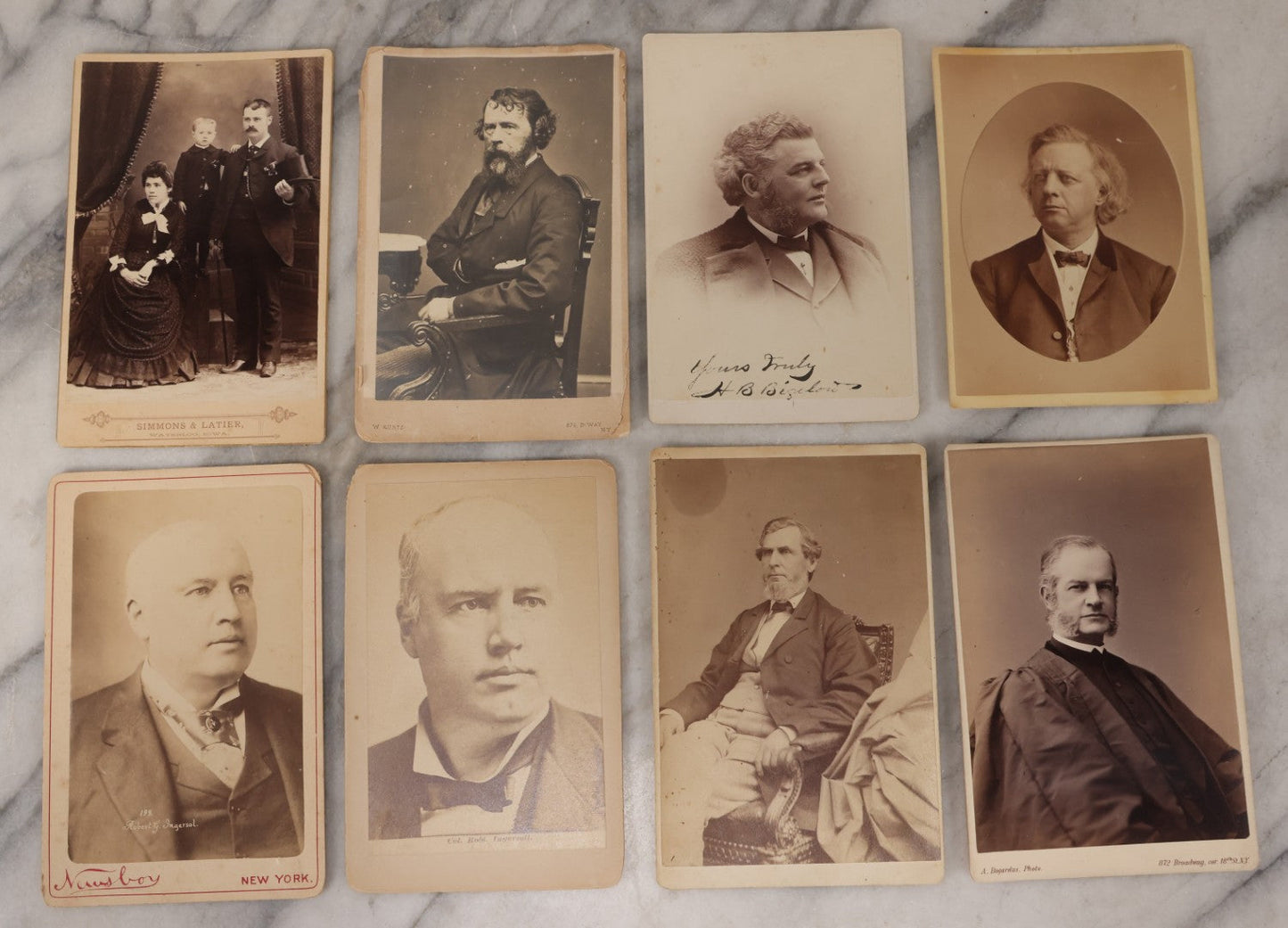 Lot 085 - Grouping Of Eight Antique Cabinet Card Portrait Photographs Including H.B. Bigelow, Governor Of Connecticut, With Signature, Robert Green Ingersoll, Henry Ward Beecher, Nathaniel Parker Willis, And Howard Crosby