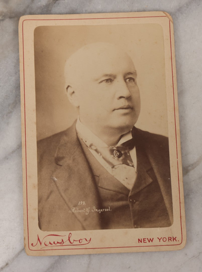 Lot 085 - Grouping Of Eight Antique Cabinet Card Portrait Photographs Including H.B. Bigelow, Governor Of Connecticut, With Signature, Robert Green Ingersoll, Henry Ward Beecher, Nathaniel Parker Willis, And Howard Crosby