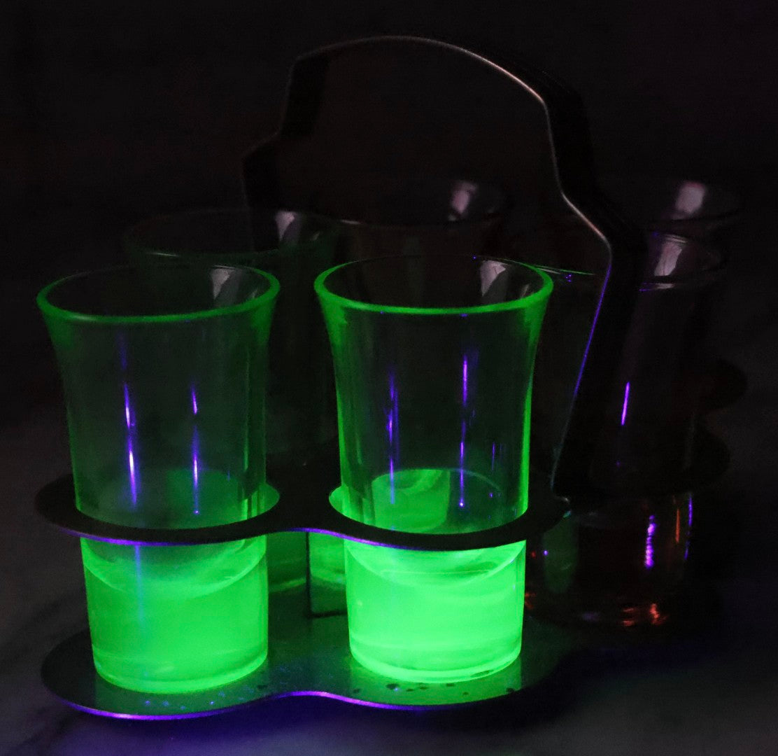 Lot 090 - Vintage Chrome Art Deco Shot Glass Caddy With Six Double Shot Glasses, Three Uranium Glass And Three Pink Depression Glass, Circa 1930s–1940s