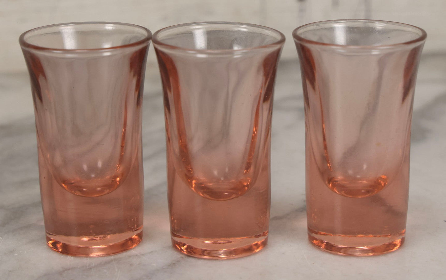 Lot 090 - Vintage Chrome Art Deco Shot Glass Caddy With Six Double Shot Glasses, Three Uranium Glass And Three Pink Depression Glass, Circa 1930s–1940s