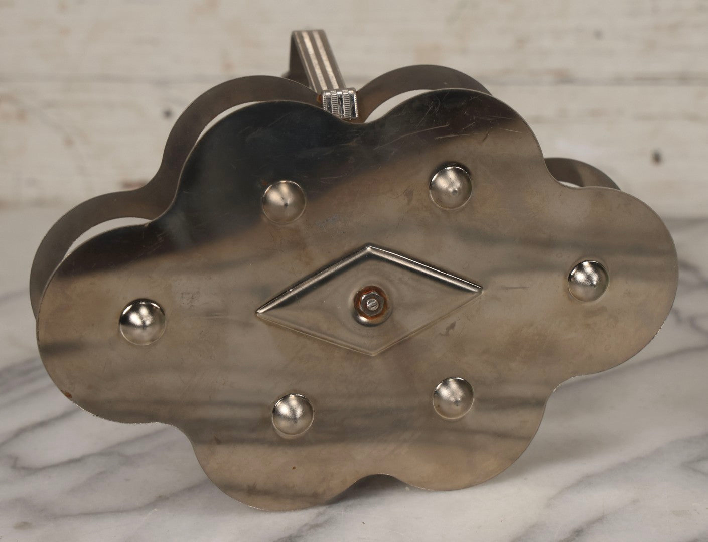 Lot 090 - Vintage Chrome Art Deco Shot Glass Caddy With Six Double Shot Glasses, Three Uranium Glass And Three Pink Depression Glass, Circa 1930s–1940s