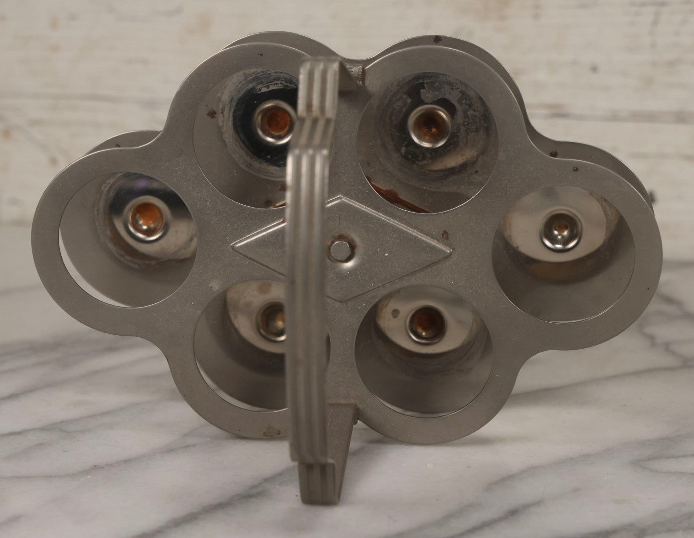 Lot 090 - Vintage Chrome Art Deco Shot Glass Caddy With Six Double Shot Glasses, Three Uranium Glass And Three Pink Depression Glass, Circa 1930s–1940s