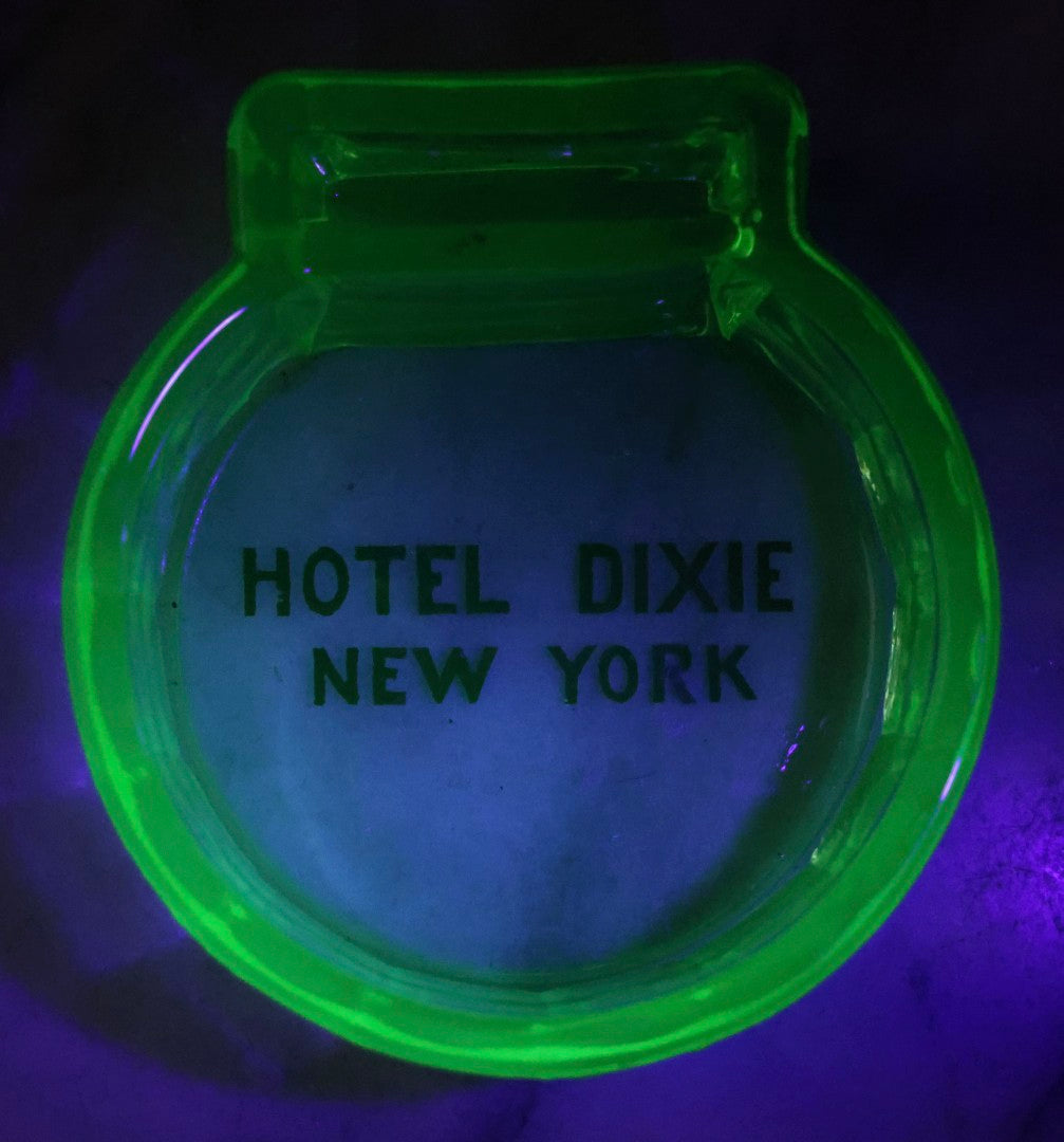 Lot 091 - Vintage Uranium Glass Hotel Dixie, New York Advertising Ashtray With Matchbook Holder, Glows Under Blacklight, Circa 1930