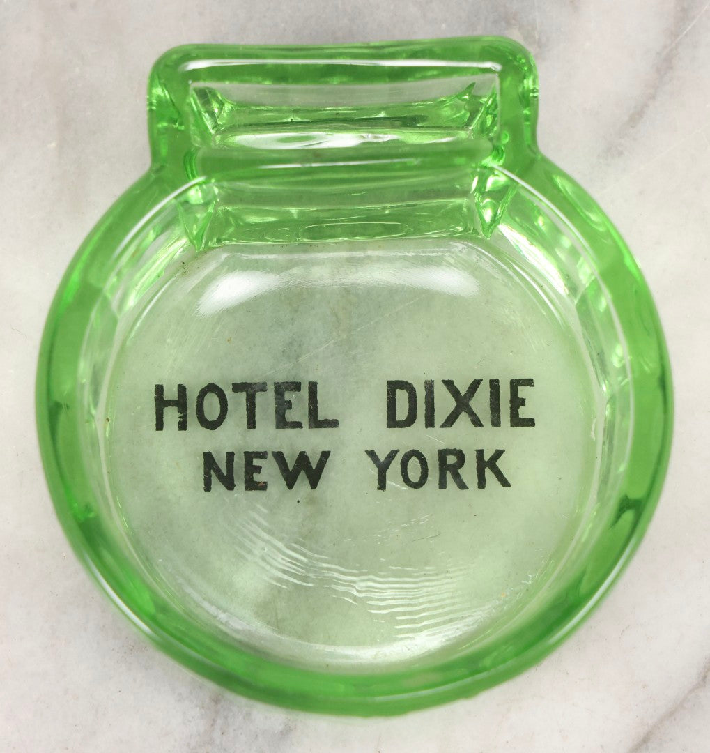 Lot 091 - Vintage Uranium Glass Hotel Dixie, New York Advertising Ashtray With Matchbook Holder, Glows Under Blacklight, Circa 1930