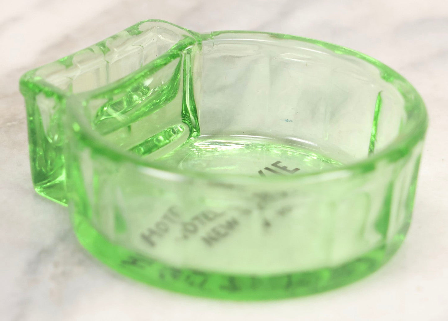 Lot 091 - Vintage Uranium Glass Hotel Dixie, New York Advertising Ashtray With Matchbook Holder, Glows Under Blacklight, Circa 1930