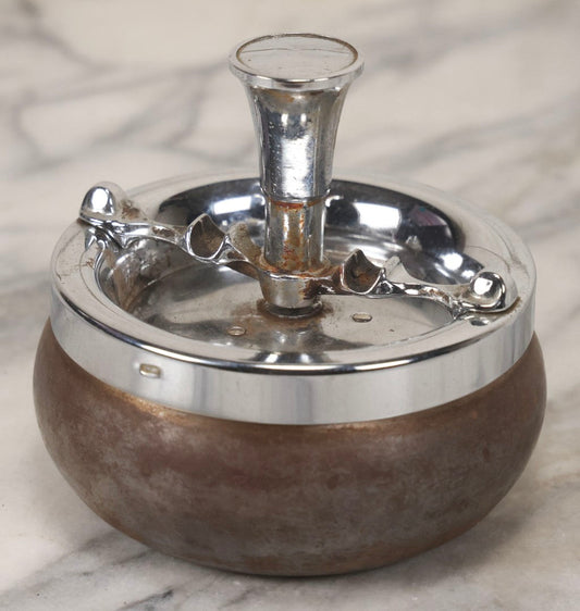 Lot 092 - Vintage Chrome-Topped Spinning Ashtray With Central Push Mechanism And Tin Bulbous Base, Likely Made In Japan, Circa 1960s 4" H
