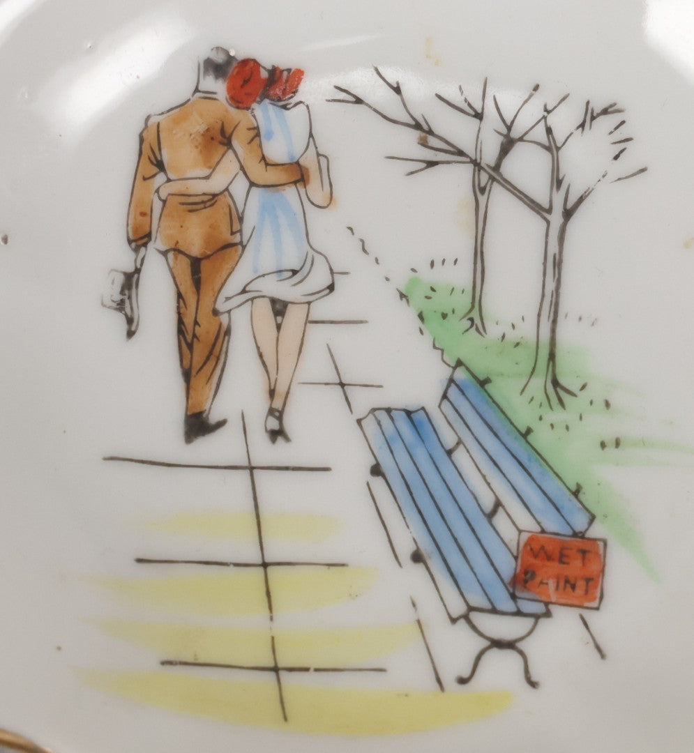 Lot 093 - Vintage Painted Porcelain Novelty Dish With Flirty Couple And Wet Paint Scene, Likely Made In Japan, 4-3/4" Diameter