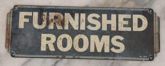 Lot 096 - Vintage Art Deco "Furnished Rooms" Die-Cut Tin Tacker Sign With White Border Pinstriping, Marked No. 804, 9-1/4" x 3-1/4"