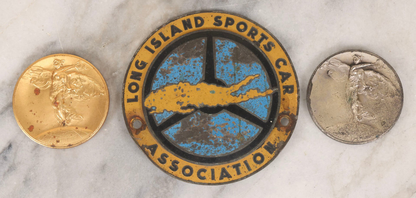 Lot 099 - Grouping Of 3 Vintage Automobile Club Badges Including Long Island Sports Car Association, 3-3/4" Diameter, And M.G.C.C. Award Medals, 2" Diameter