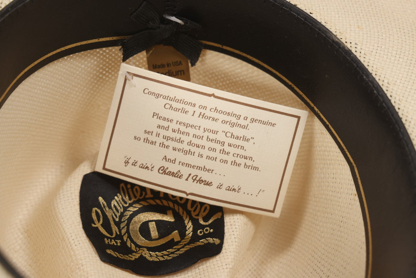 Lot 103 - Modern “A Genuine Charlie 1 Horse Original” White Straw Cowboy Hat, Made In U.S.A.., Size Medium