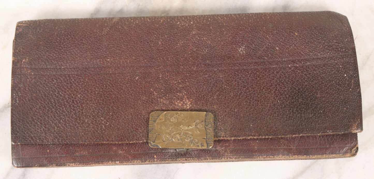 Lot 104 - Pair Of Antique Leather Pouches Including Accordion Handbag With Brass Clasp Depicting Birds And Flowering Branches And Standing Leather Box With Brass Clasp