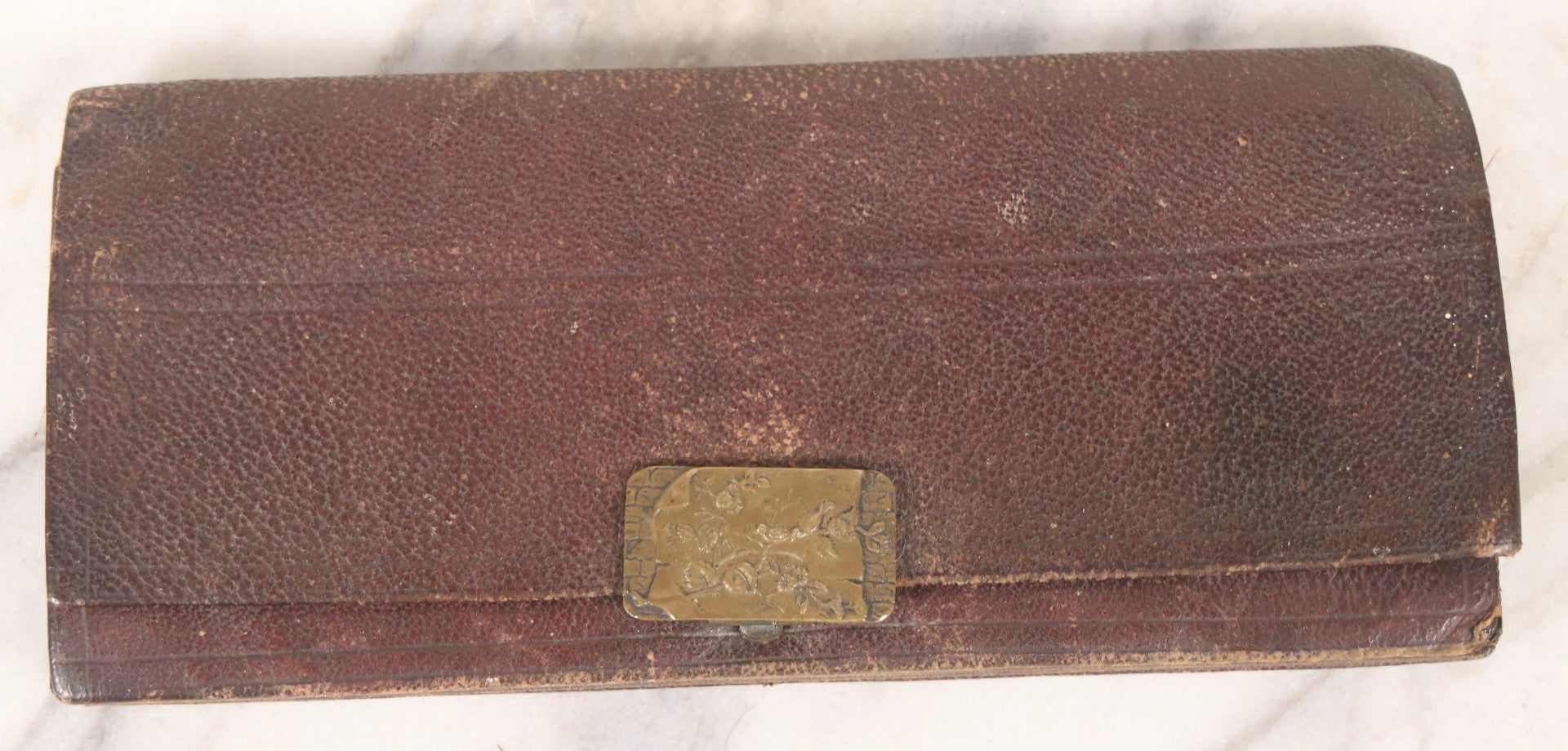 Lot 104 - Pair Of Antique Leather Pouches Including Accordion Handbag With Brass Clasp Depicting Birds And Flowering Branches And Standing Leather Box With Brass Clasp