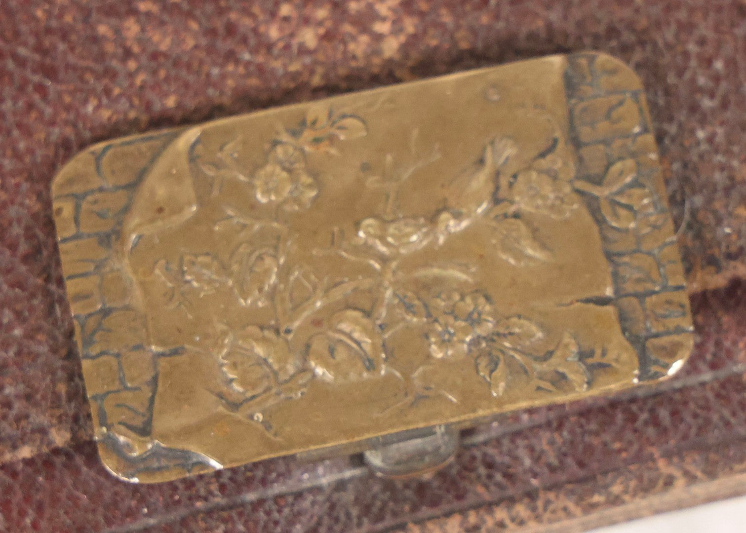 Lot 104 - Pair Of Antique Leather Pouches Including Accordion Handbag With Brass Clasp Depicting Birds And Flowering Branches And Standing Leather Box With Brass Clasp