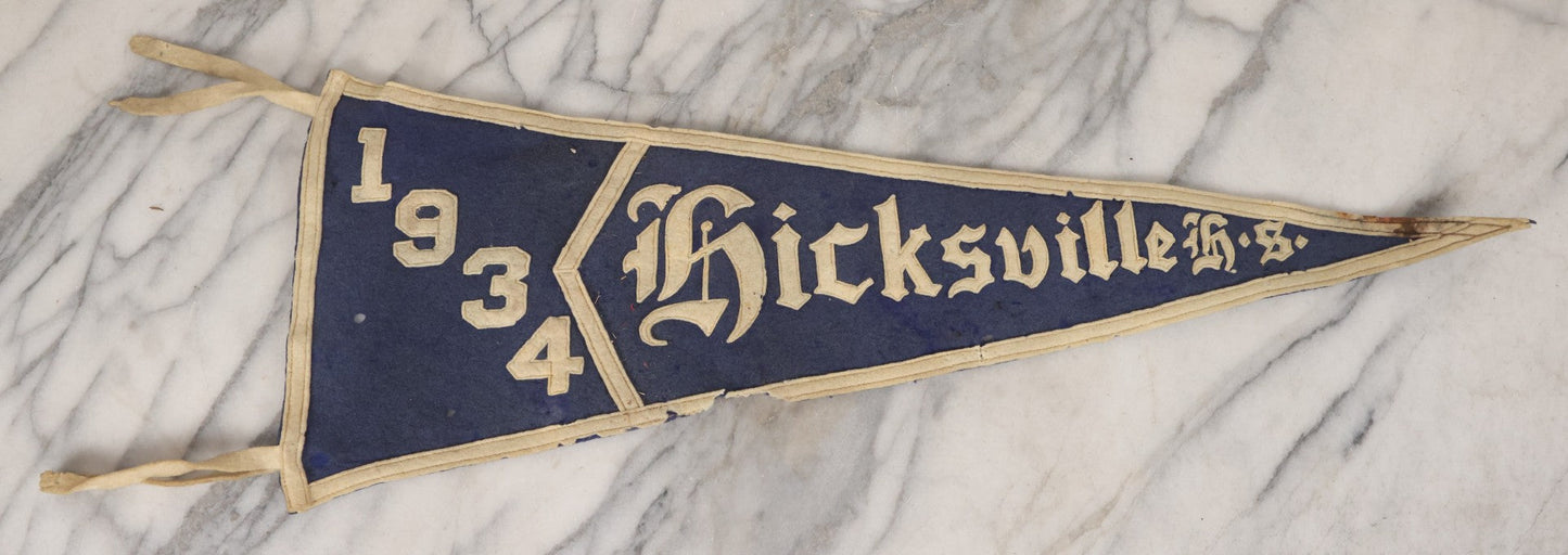 Lot 105 - Vintage Hicksville High School 1934 Felt Pennant, Hicksville, New York, White On Blue Field, 27" L