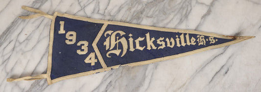 Lot 105 - Vintage Hicksville High School 1934 Felt Pennant, Hicksville, New York, White On Blue Field, 27" L