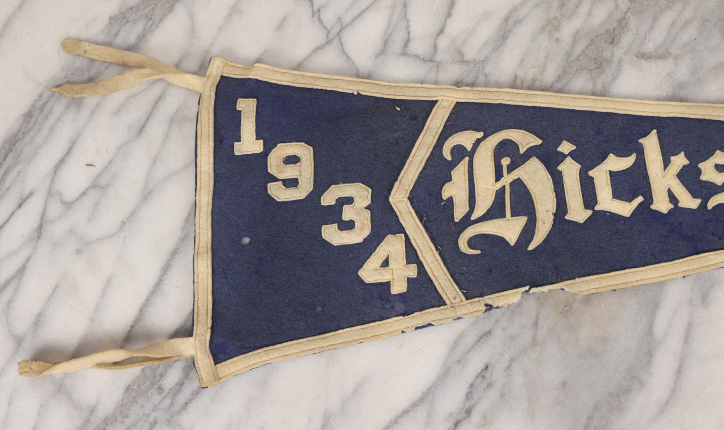 Lot 105 - Vintage Hicksville High School 1934 Felt Pennant, Hicksville, New York, White On Blue Field, 27" L