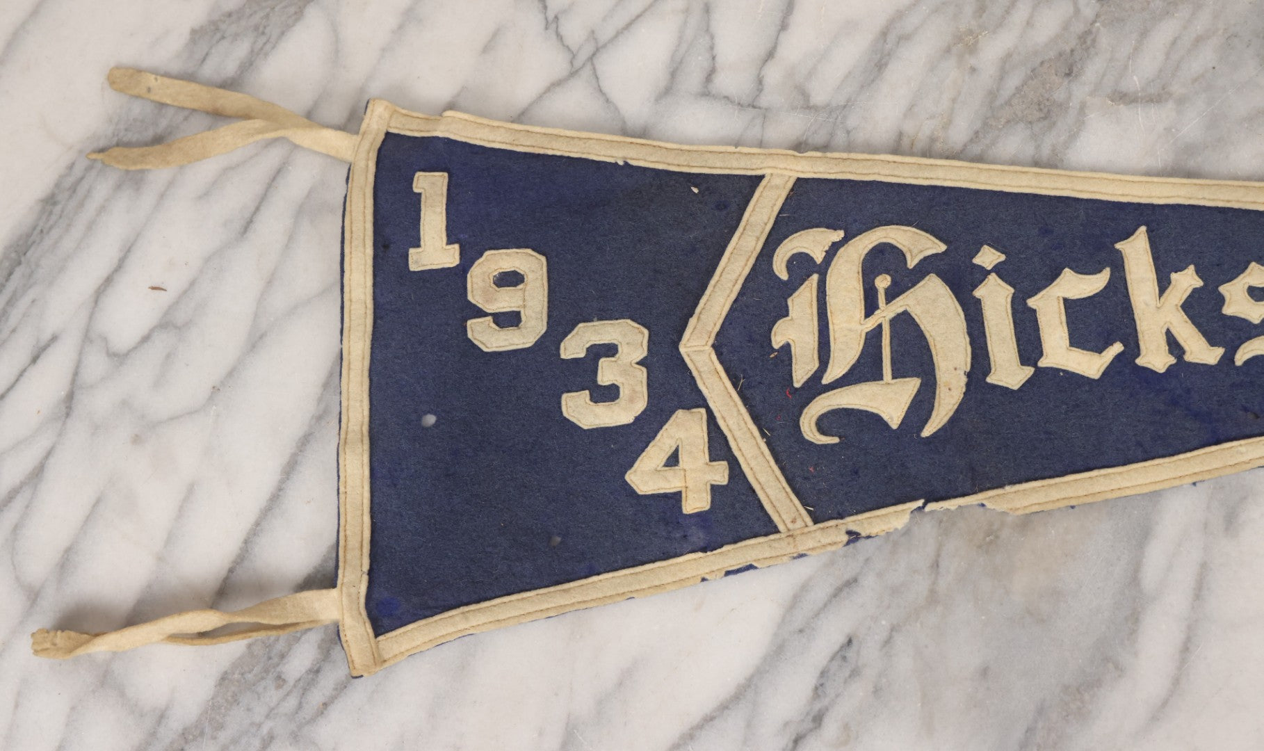 Lot 105 - Vintage Hicksville High School 1934 Felt Pennant, Hicksville, New York, White On Blue Field, 27" L