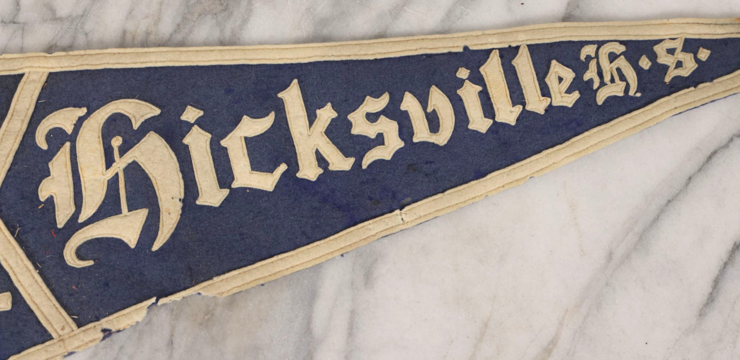 Lot 105 - Vintage Hicksville High School 1934 Felt Pennant, Hicksville, New York, White On Blue Field, 27" L