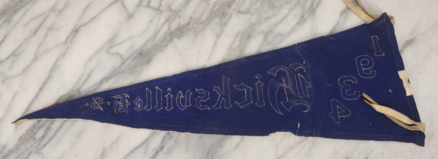 Lot 105 - Vintage Hicksville High School 1934 Felt Pennant, Hicksville, New York, White On Blue Field, 27" L