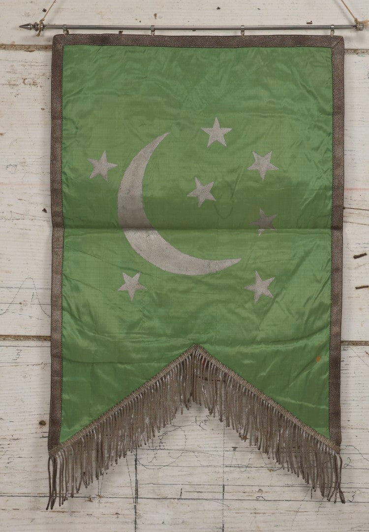 Lot 107 - Vintage Hand-Painted Odd Fellows I.O.O.F.. Rebekah Lodge Banner With Silver Crescent Moon And Stars On Green Fabric