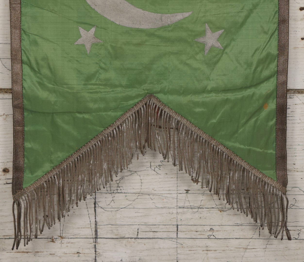 Lot 107 - Vintage Hand-Painted Odd Fellows I.O.O.F.. Rebekah Lodge Banner With Silver Crescent Moon And Stars On Green Fabric