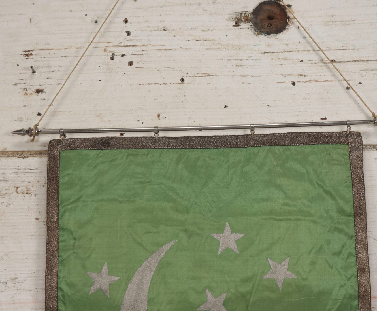 Lot 107 - Vintage Hand-Painted Odd Fellows I.O.O.F.. Rebekah Lodge Banner With Silver Crescent Moon And Stars On Green Fabric