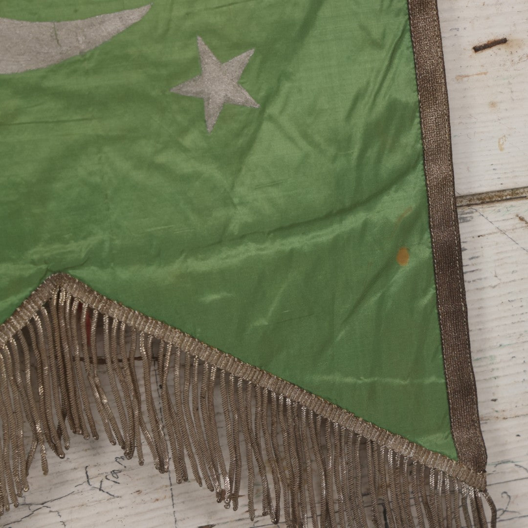 Lot 107 - Vintage Hand-Painted Odd Fellows I.O.O.F.. Rebekah Lodge Banner With Silver Crescent Moon And Stars On Green Fabric