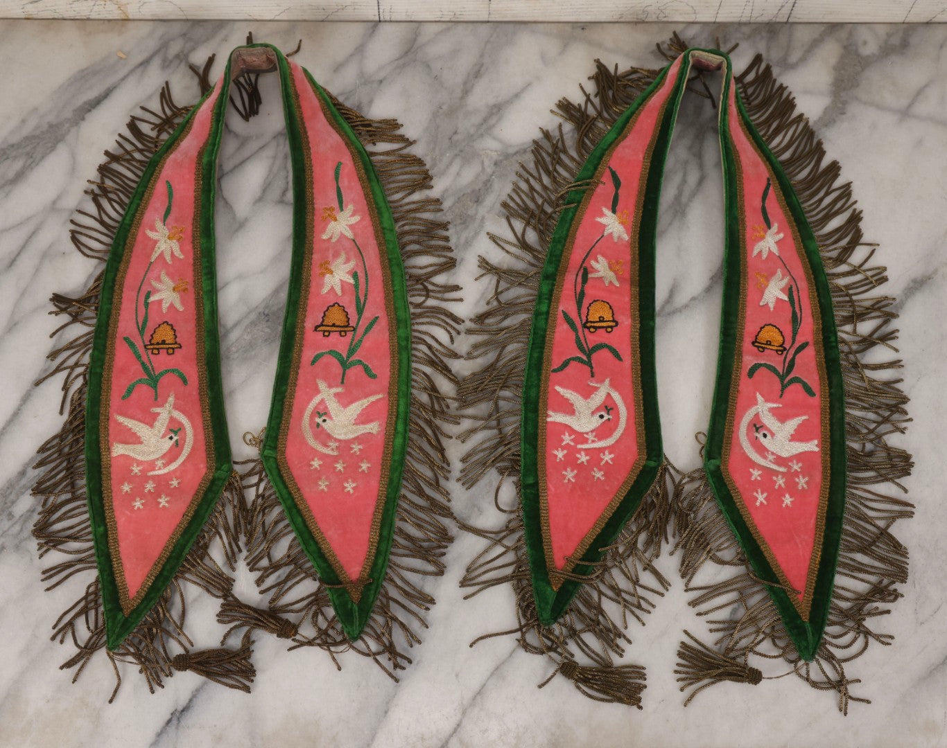 Lot 108 - Pair Of Vintage I.O.O.F.. Rebekah Past Noble Grand Collar Sashes By C.E. Ward Co., New London, Ohio, With Moon, Dove, Beehive, And White Iris Motifs
