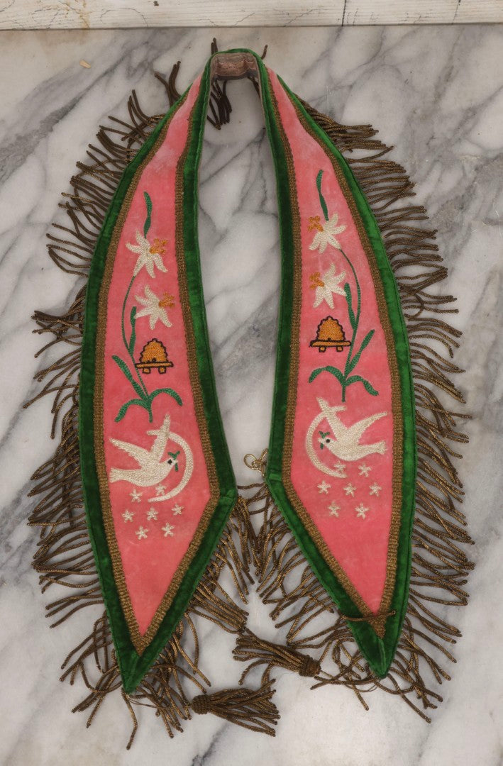 Lot 108 - Pair Of Vintage I.O.O.F.. Rebekah Past Noble Grand Collar Sashes By C.E. Ward Co., New London, Ohio, With Moon, Dove, Beehive, And White Iris Motifs