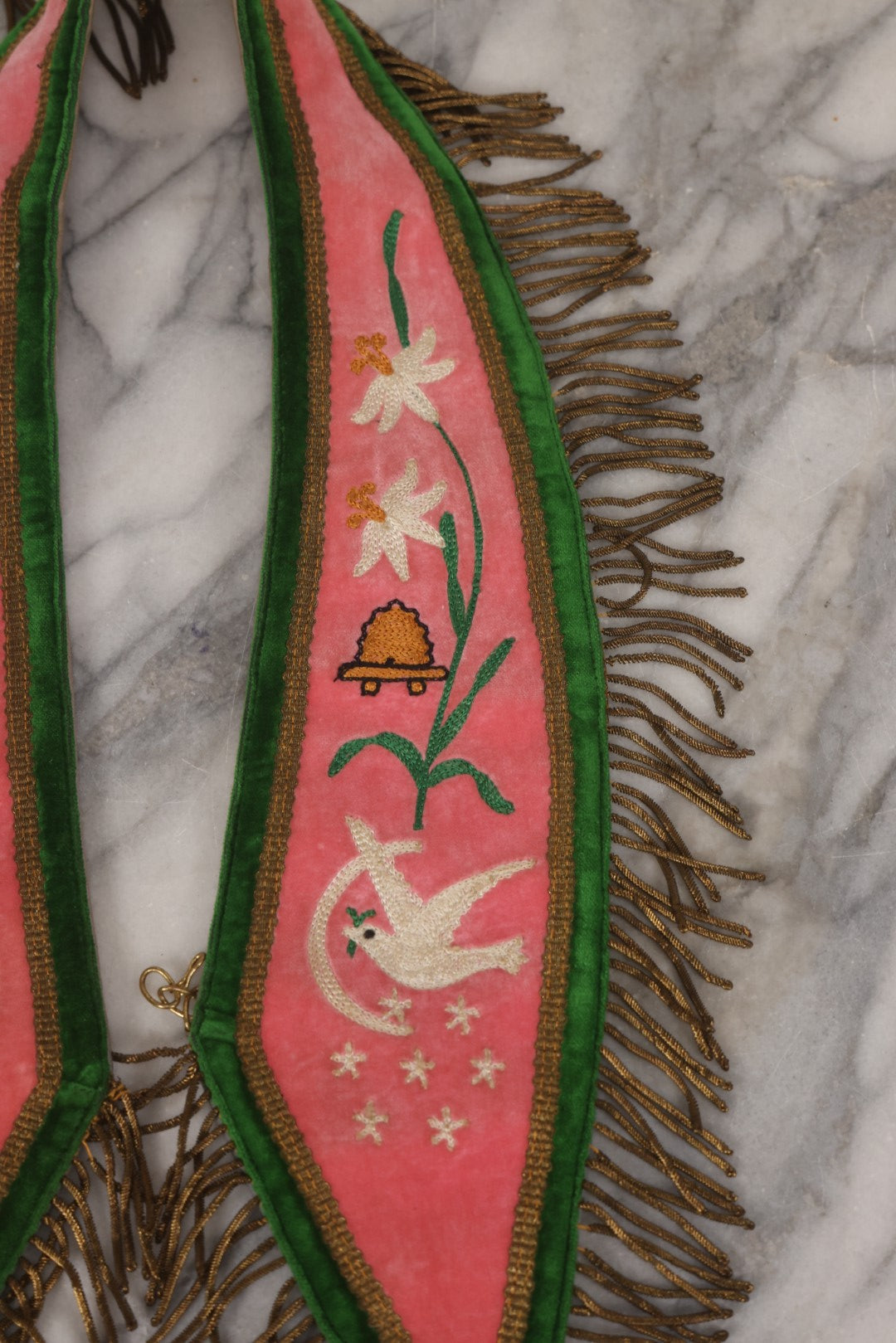 Lot 108 - Pair Of Vintage I.O.O.F.. Rebekah Past Noble Grand Collar Sashes By C.E. Ward Co., New London, Ohio, With Moon, Dove, Beehive, And White Iris Motifs