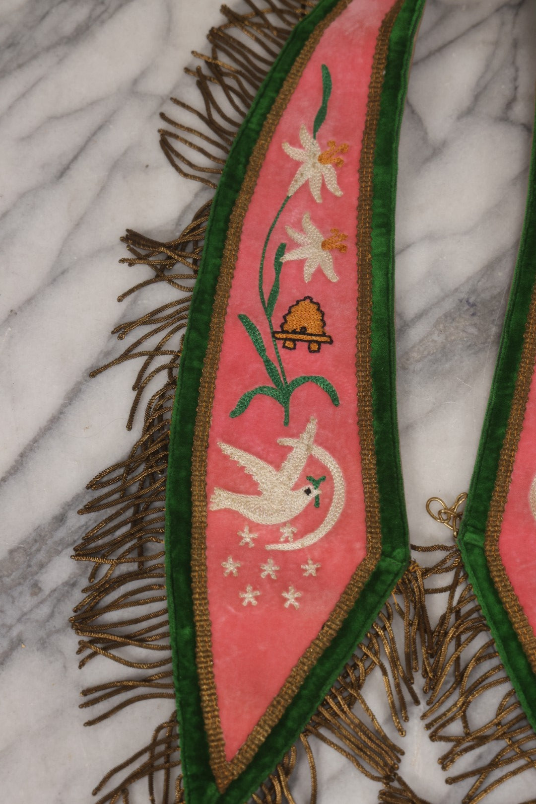 Lot 108 - Pair Of Vintage I.O.O.F.. Rebekah Past Noble Grand Collar Sashes By C.E. Ward Co., New London, Ohio, With Moon, Dove, Beehive, And White Iris Motifs