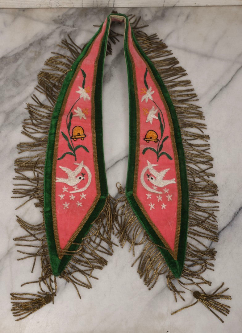 Lot 108 - Pair Of Vintage I.O.O.F.. Rebekah Past Noble Grand Collar Sashes By C.E. Ward Co., New London, Ohio, With Moon, Dove, Beehive, And White Iris Motifs