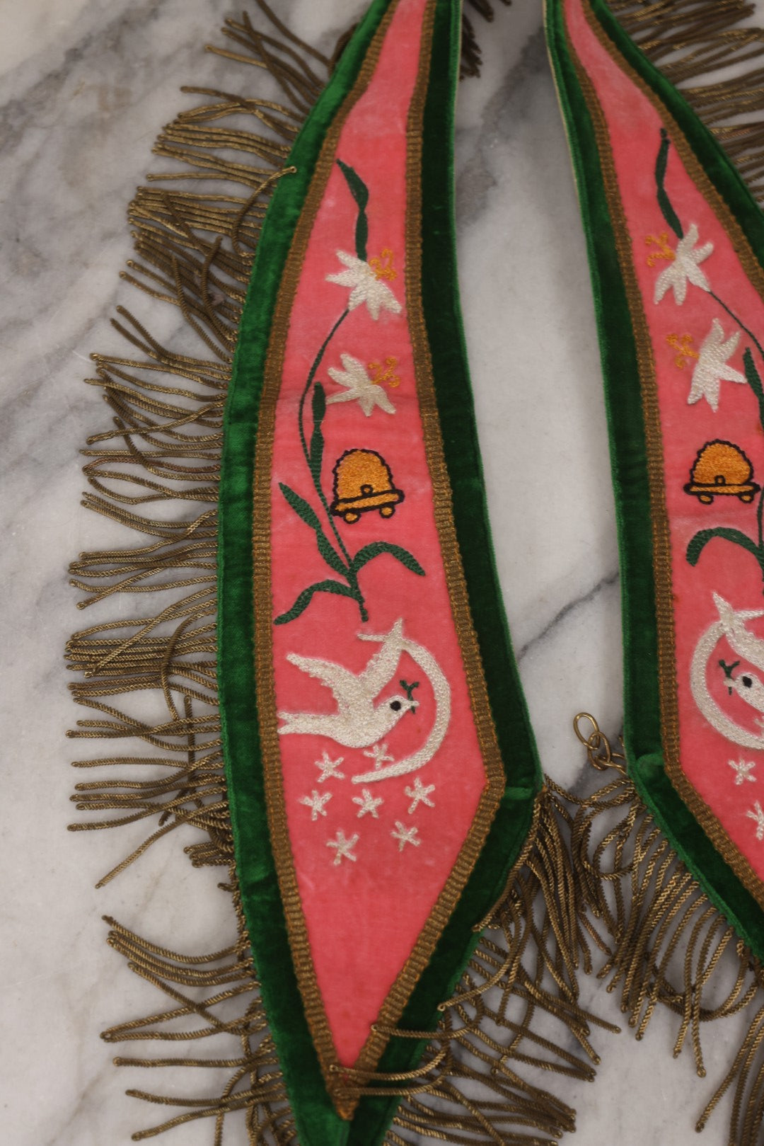 Lot 108 - Pair Of Vintage I.O.O.F.. Rebekah Past Noble Grand Collar Sashes By C.E. Ward Co., New London, Ohio, With Moon, Dove, Beehive, And White Iris Motifs