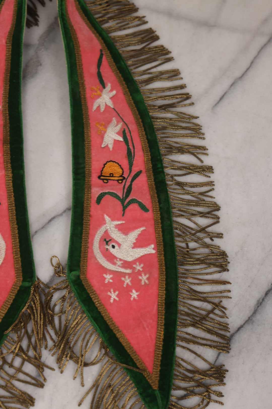 Lot 108 - Pair Of Vintage I.O.O.F.. Rebekah Past Noble Grand Collar Sashes By C.E. Ward Co., New London, Ohio, With Moon, Dove, Beehive, And White Iris Motifs