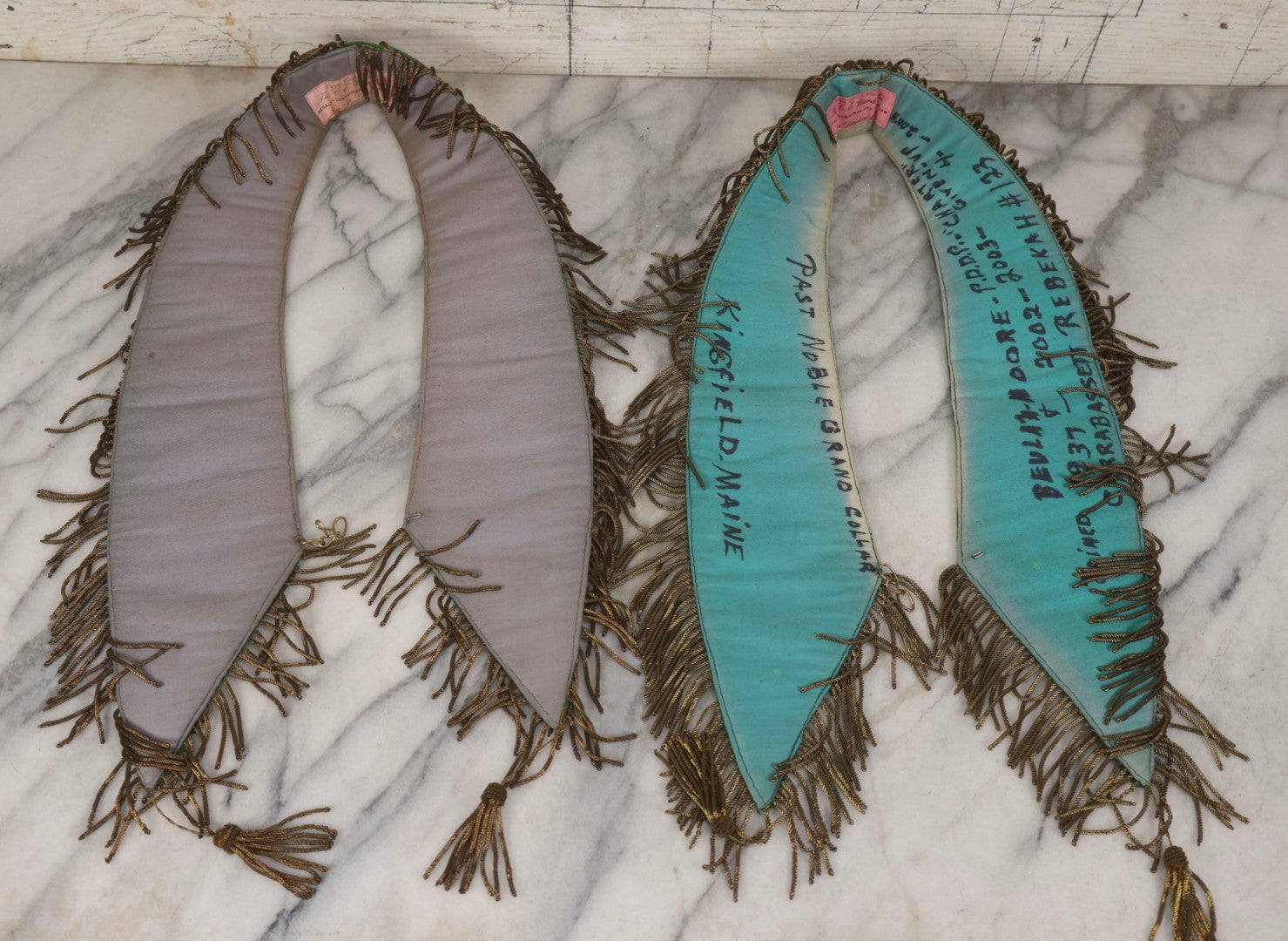 Lot 108 - Pair Of Vintage I.O.O.F.. Rebekah Past Noble Grand Collar Sashes By C.E. Ward Co., New London, Ohio, With Moon, Dove, Beehive, And White Iris Motifs