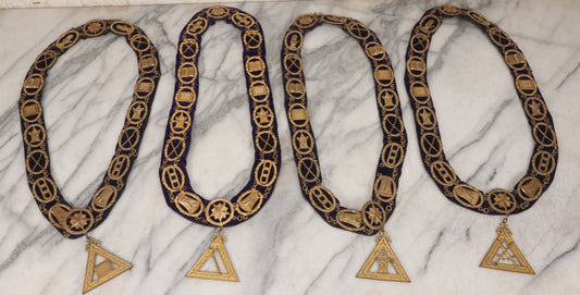 Lot 109 - Grouping Of Four Antique Odd Fellows I.O.O.F.. Purple Chain Collars By Harding Uniform & Regalia Co., Boston, And Fuller Regalia & Costume, Worcester, Massachusetts, With Symbolic Medallions