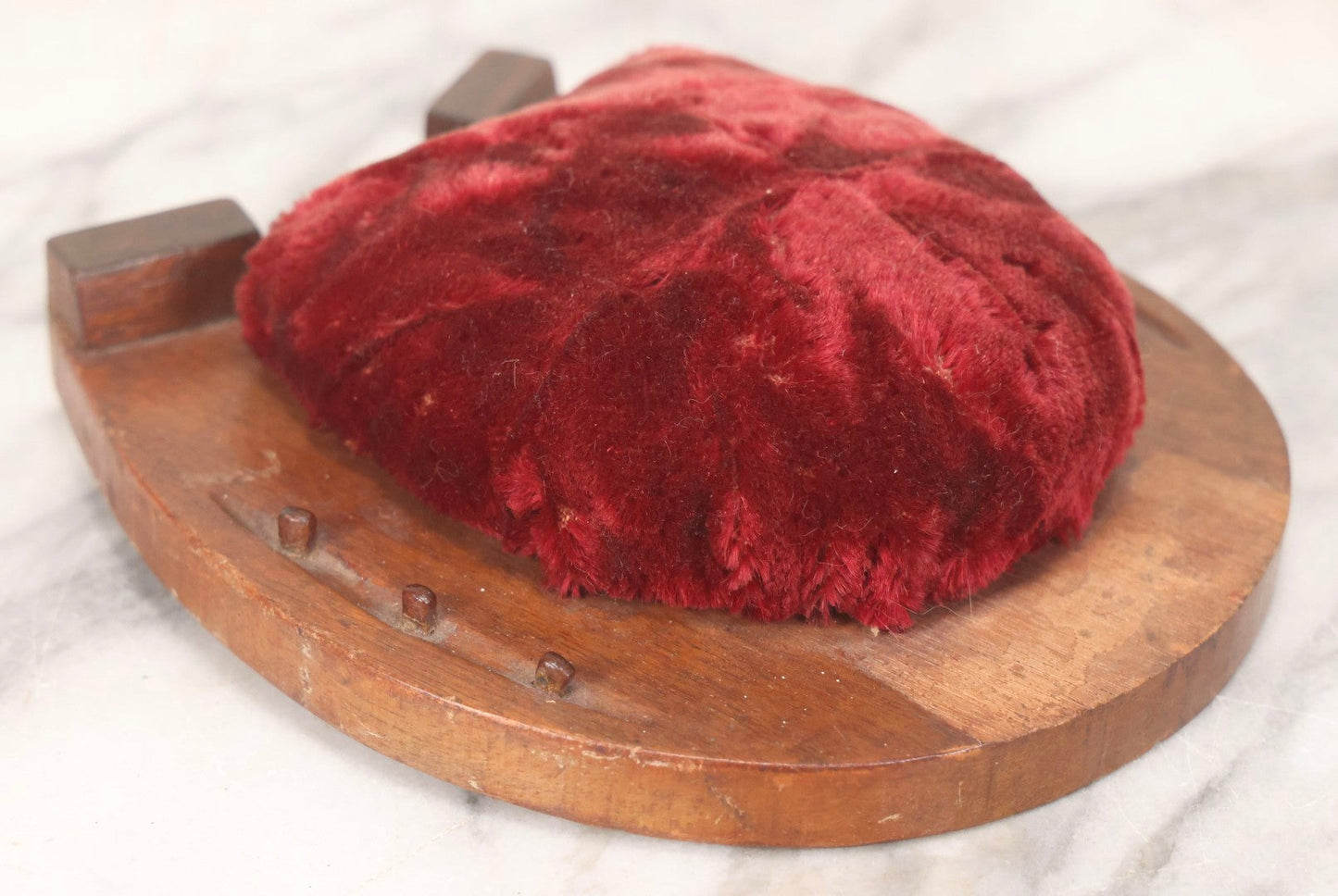 Lot 115 - Antique Wooden Horseshoe Wall Hanger With Red Velvet Pincushion And Wire Hanger