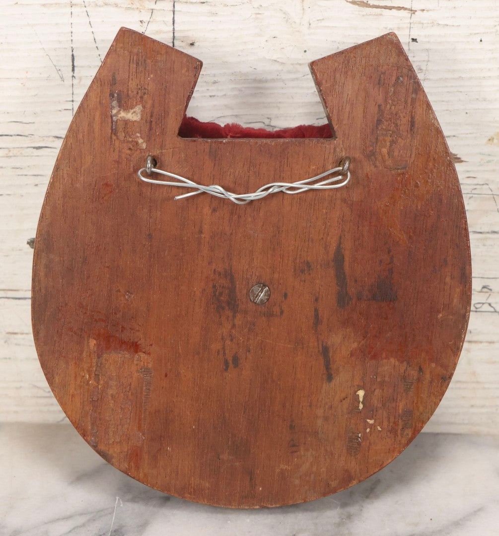 Lot 115 - Antique Wooden Horseshoe Wall Hanger With Red Velvet Pincushion And Wire Hanger