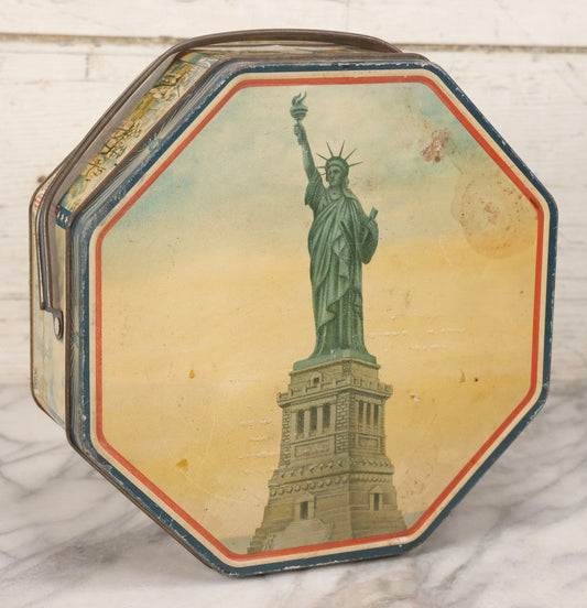 Lot 118 - Vintage Patriotic Octagonal Biscuit Tin With Statue Of Liberty, Other American History Scenes, By Loose-Wiles Biscuit Company, New York, New York