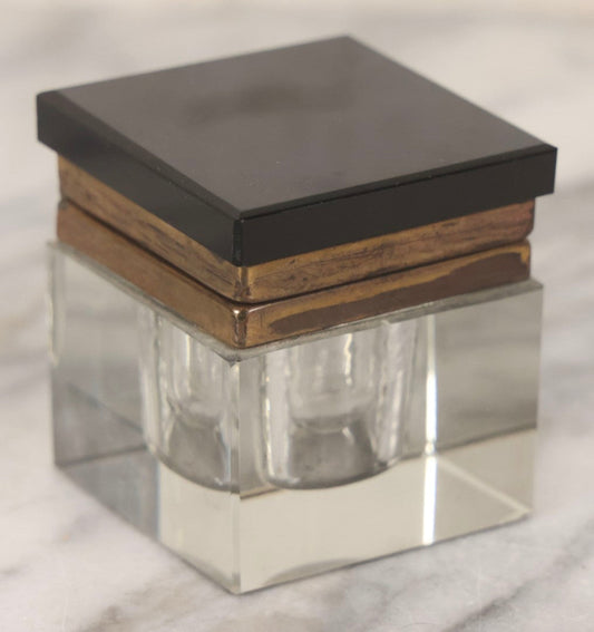 Lot 121 - Antique Cubic Glass Inkwell With Beveled Edges, Black Glass Hinged Lid, And Brass Trim, 2-1/2" H