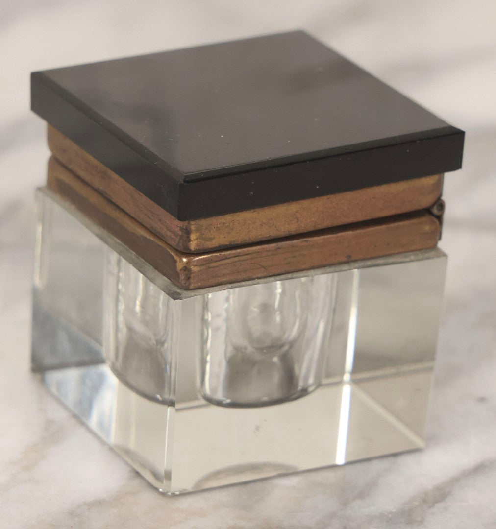 Lot 121 - Antique Cubic Glass Inkwell With Beveled Edges, Black Glass Hinged Lid, And Brass Trim, 2-1/2" H