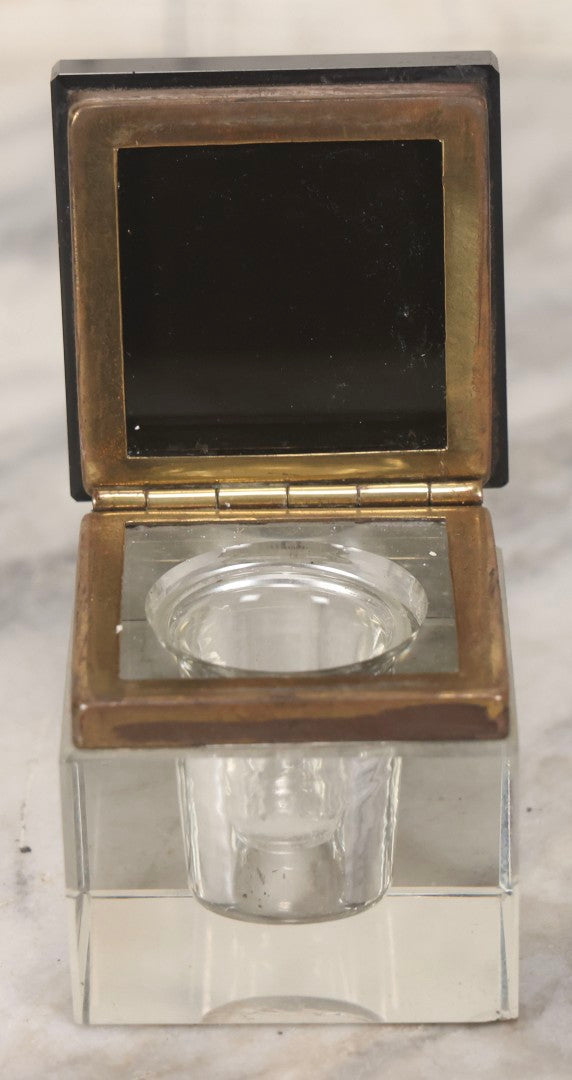 Lot 121 - Antique Cubic Glass Inkwell With Beveled Edges, Black Glass Hinged Lid, And Brass Trim, 2-1/2" H