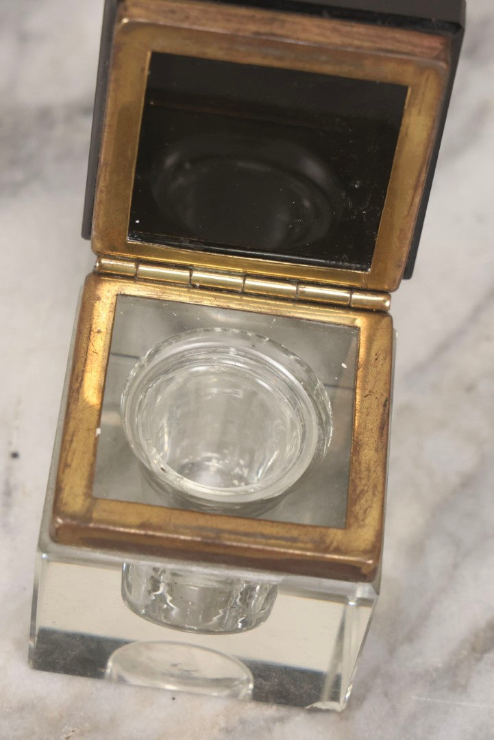 Lot 121 - Antique Cubic Glass Inkwell With Beveled Edges, Black Glass Hinged Lid, And Brass Trim, 2-1/2" H