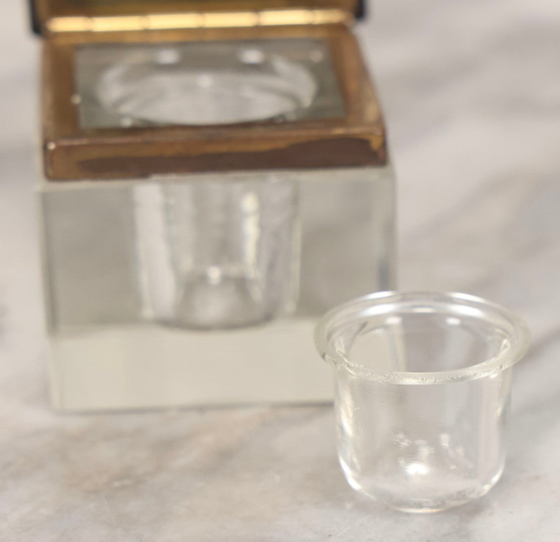 Lot 121 - Antique Cubic Glass Inkwell With Beveled Edges, Black Glass Hinged Lid, And Brass Trim, 2-1/2" H
