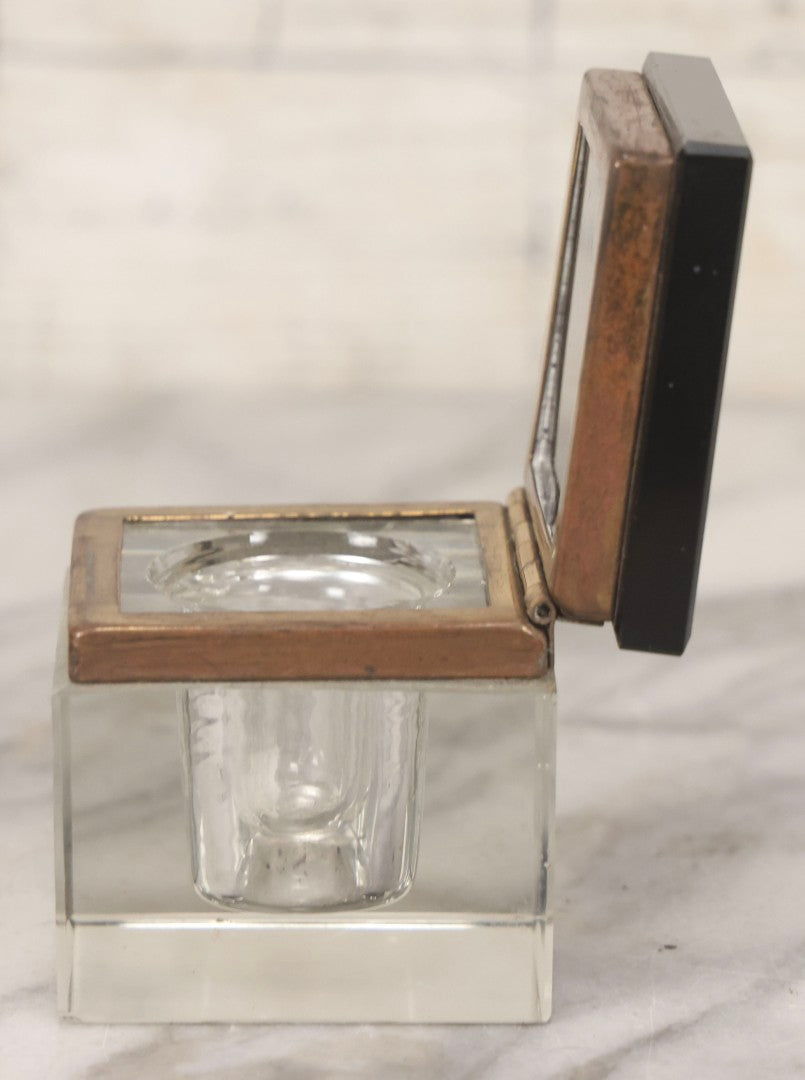 Lot 121 - Antique Cubic Glass Inkwell With Beveled Edges, Black Glass Hinged Lid, And Brass Trim, 2-1/2" H
