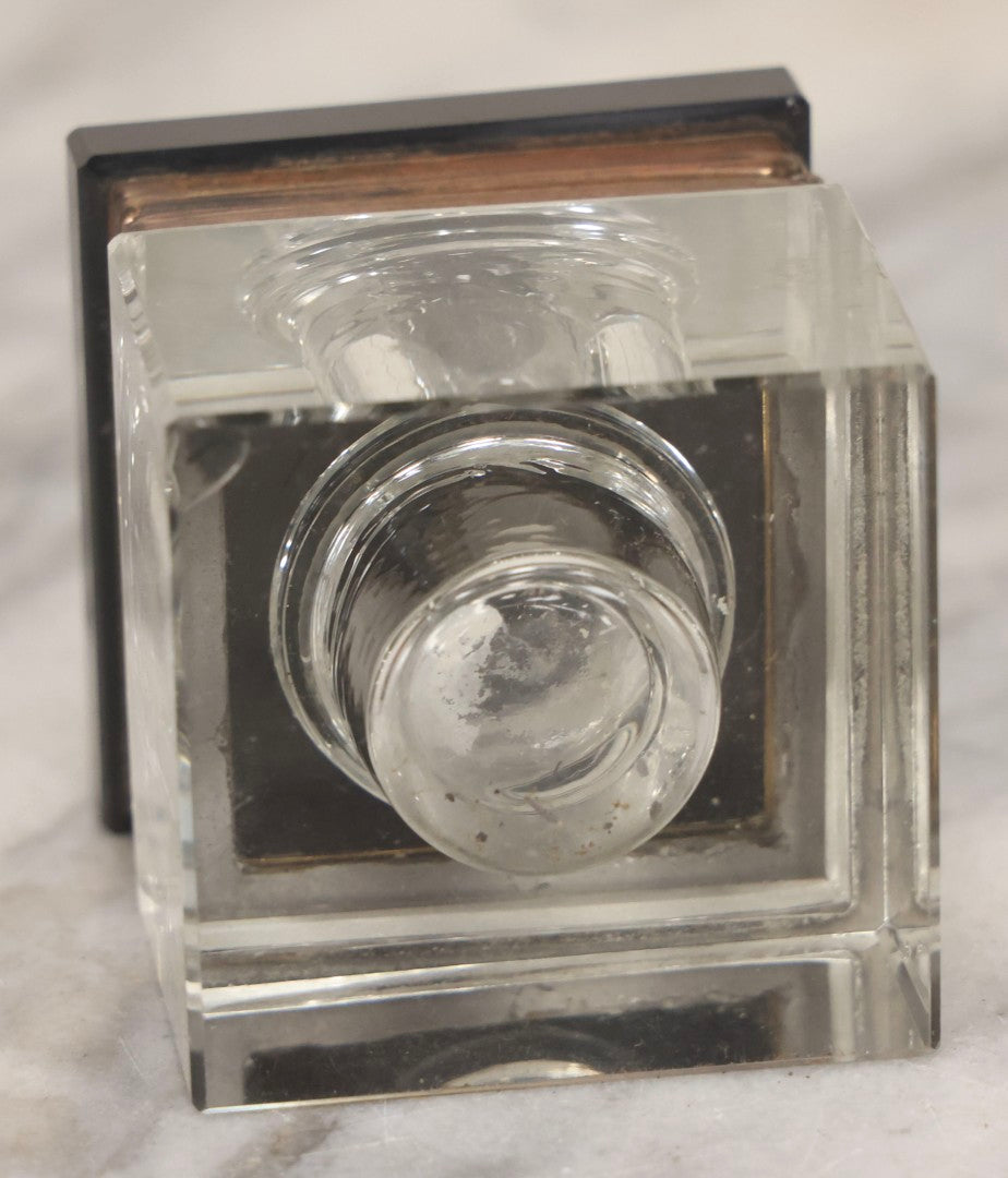 Lot 121 - Antique Cubic Glass Inkwell With Beveled Edges, Black Glass Hinged Lid, And Brass Trim, 2-1/2" H