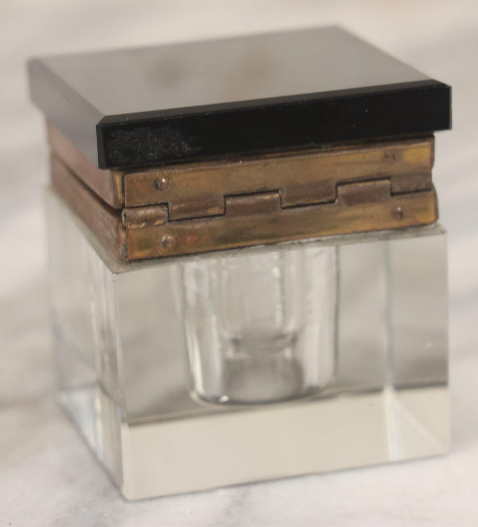 Lot 121 - Antique Cubic Glass Inkwell With Beveled Edges, Black Glass Hinged Lid, And Brass Trim, 2-1/2" H